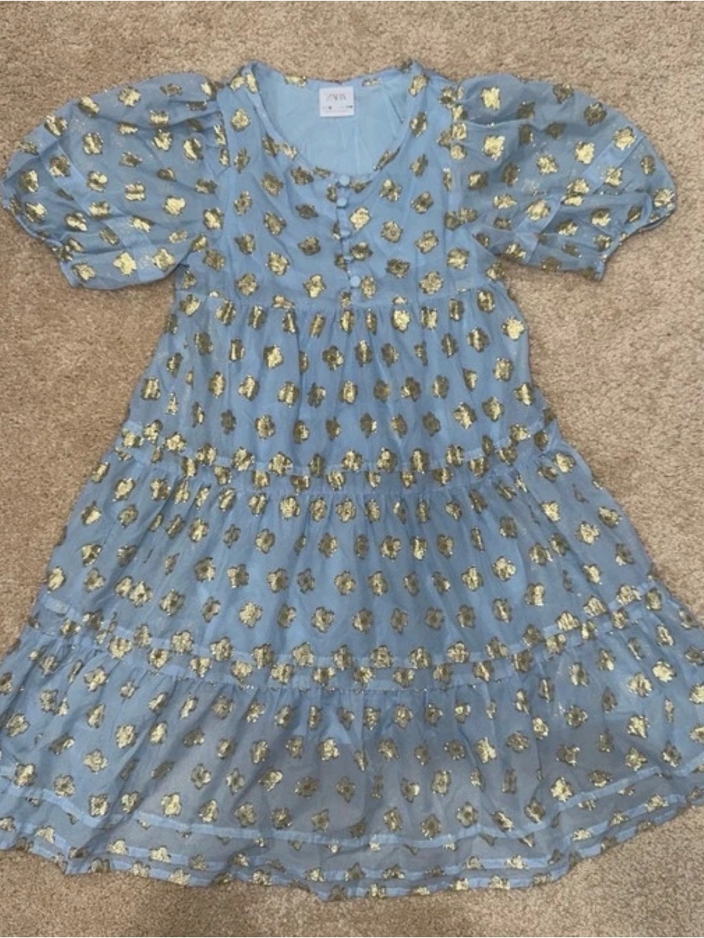 ZARA Light Blue Dress with Gold Foil Motif